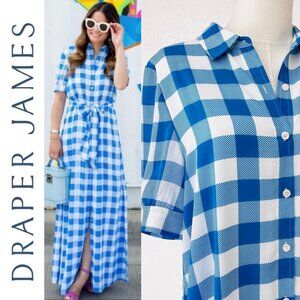 Draper James Gingham Crepe de Chine Maxi Dress Size 8 Blue & White MISSING BELT